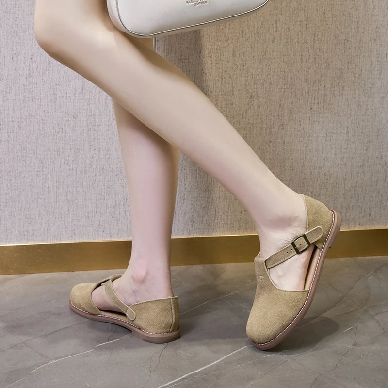 AIYUQI Sandales Cuir Véritable Retro Givré Baotou Romain 2026 – Hollow Flat Femme
