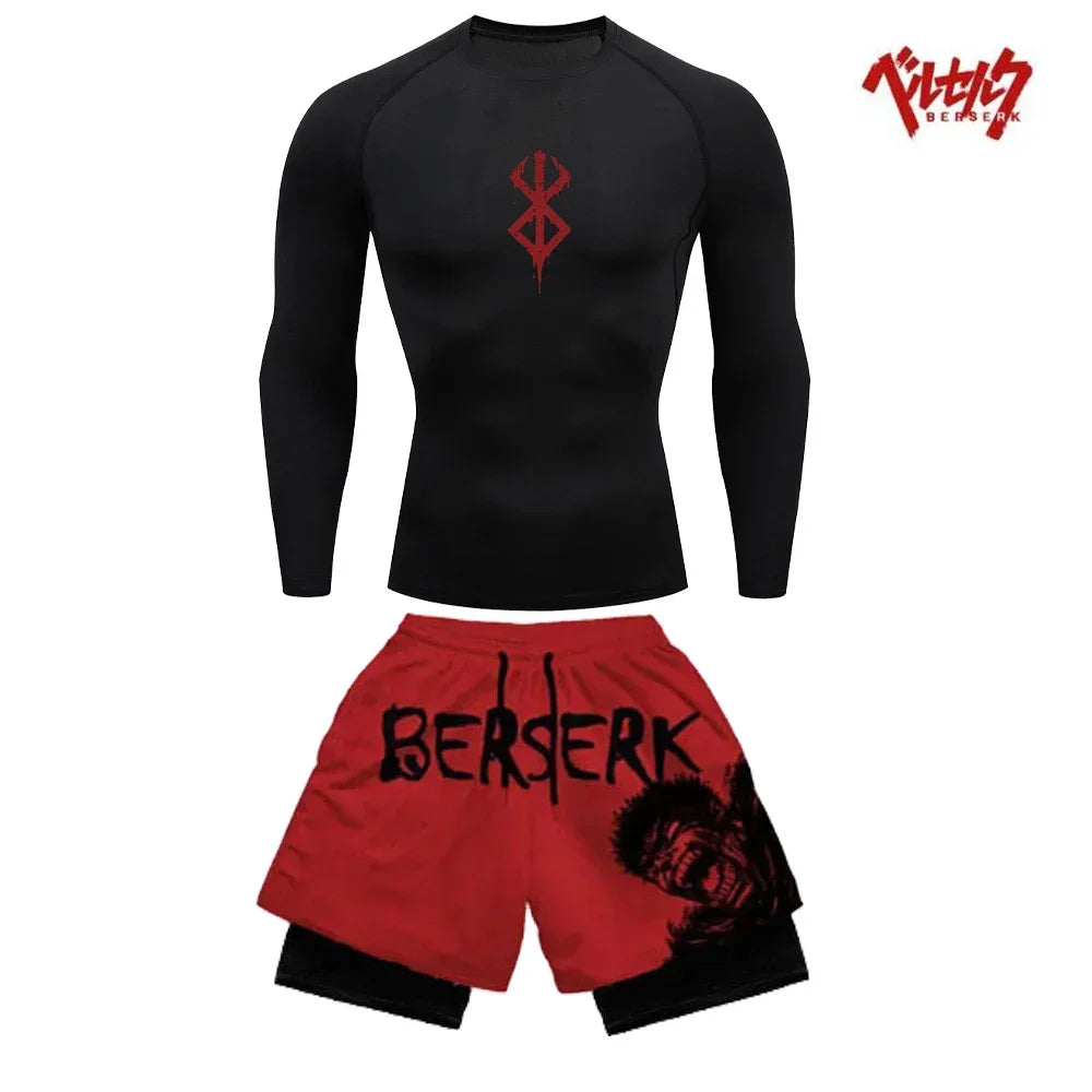 Ensemble Compression Homme Anime Berserk – T-Shirt + Short Gym Séchage Rapide | Running, Fitness & Workout Été | Sportswear Manga