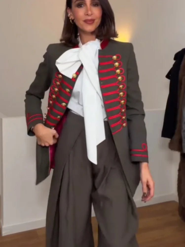 Veste Courte Femme Style Militaire Napoléon Vert Kaki Col Droit Boutonnage Simple – Chic Rétro High Street