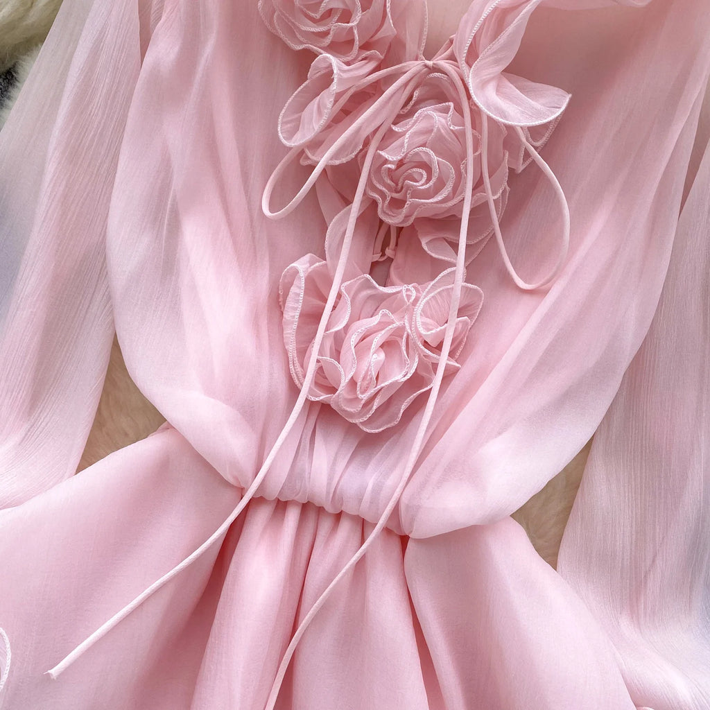 Robe Courte Femme Fleurs 3D Manches Longues Laçage Volants Mousseline – Vintage Bohème Sexy | Plage Été