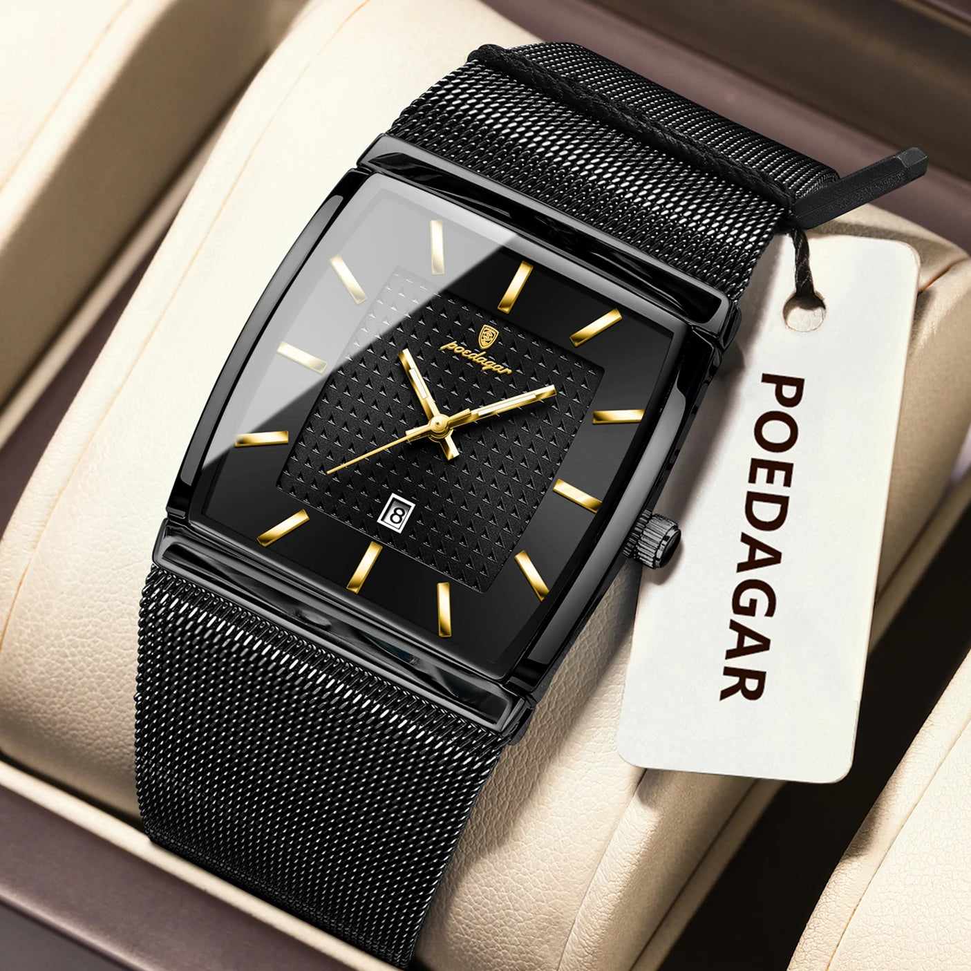 Montre Homme Luxe POEDAGAR Maille Acier Inoxydable Lumineux Date Quartz – Étanche Élégante