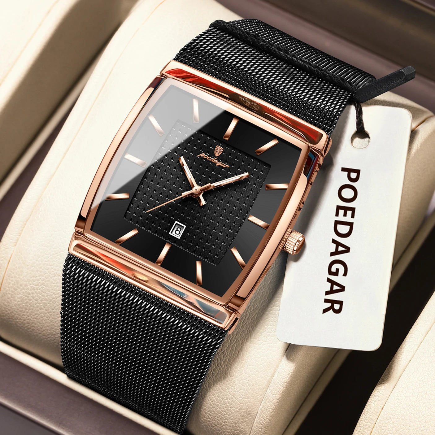 Montre Homme Luxe POEDAGAR Maille Acier Inoxydable Lumineux Date Quartz – Étanche Élégante