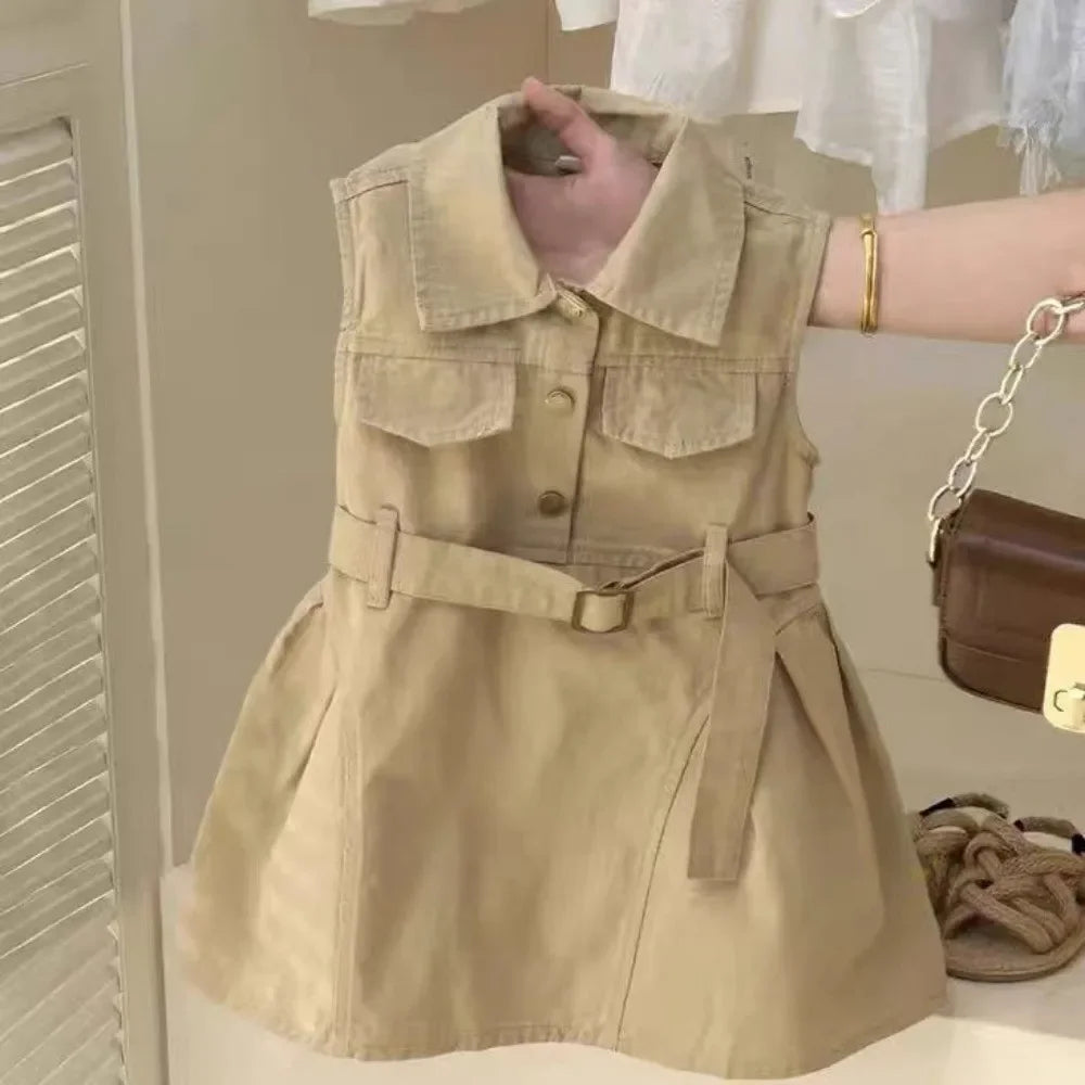 Robe Fille Été Sans Manches Couleur Unie – Tenue Casual Chic avec Ceinture Enfant