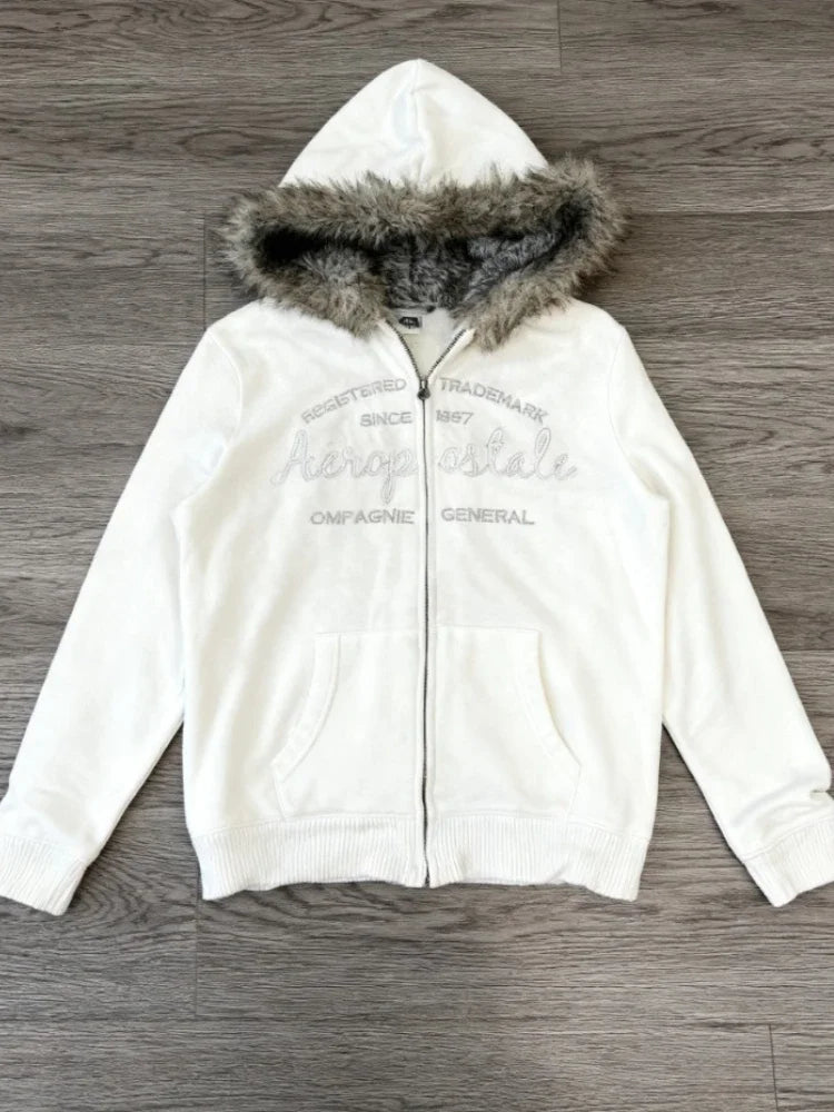 Sweat à Capuche Femme Fourrure Synthétique Rose Vintage Américain Y2K Harajuku Col Fausse Fourrure Slim Centuré – Veste Tendance Hot Girl | Mode