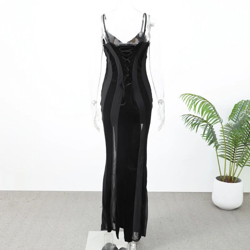 Robe Maxi Femme Velours Noir Transparente Mesh Épaules Dénudées Taille Cinée Slim – Soirée & Club | 2026