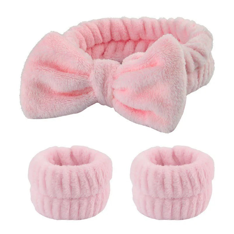 Set Bandeau & Bracelets Lavage Visage - Nœud Papillon Rose Spa
