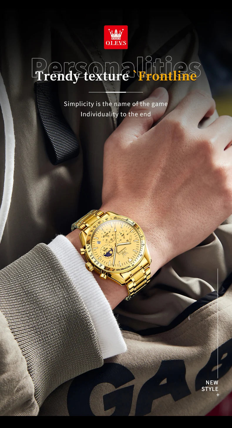 Montre Homme OLEVS Chronographe Phase de Lune Quartz Bleu Acier – Étanche Lumineux Date Fashion