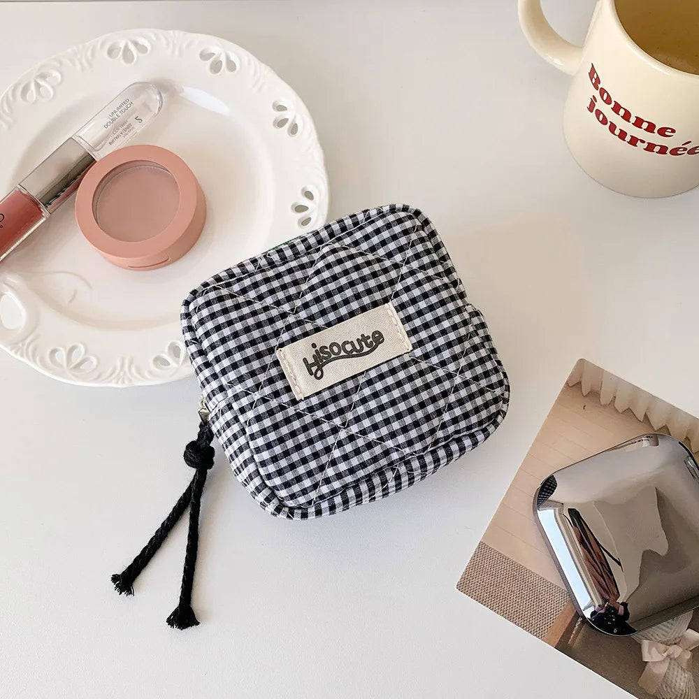 Mini Pochette Vichy Zippée – Trousse Cosmétique Porte-Monnaie Serviettes Hygiéniques Organiseur Cadeau