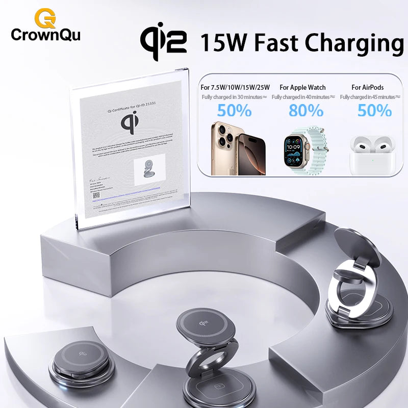 Chargeur Qi2 15W 360° Rotatif Pliable – iPhone 12-17 Pro Max Apple Watch AirPods
