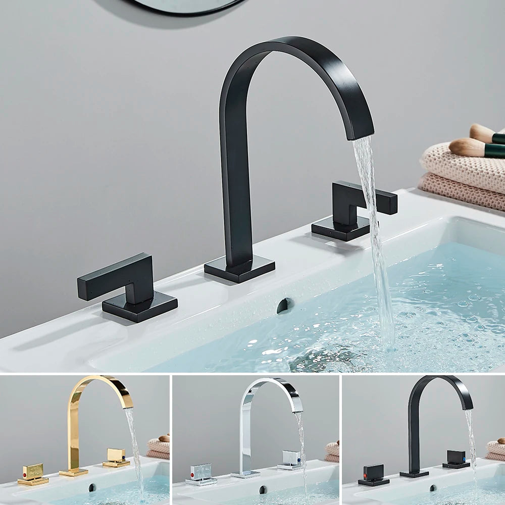 Robinet Lavabo Noir 3 Trous Double Poignée – Mitigeur Eau Chaude & Froide, Chrome | Vasque Salle de Bain