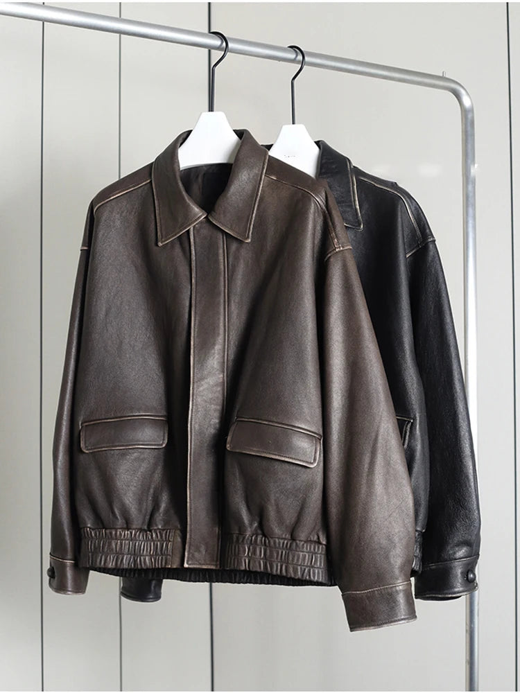 Oversize Jacke Kunstleder Distressed Damen – Vintage Retro Stil Reißverschluss | Braun Schwarz Frühling Herbst