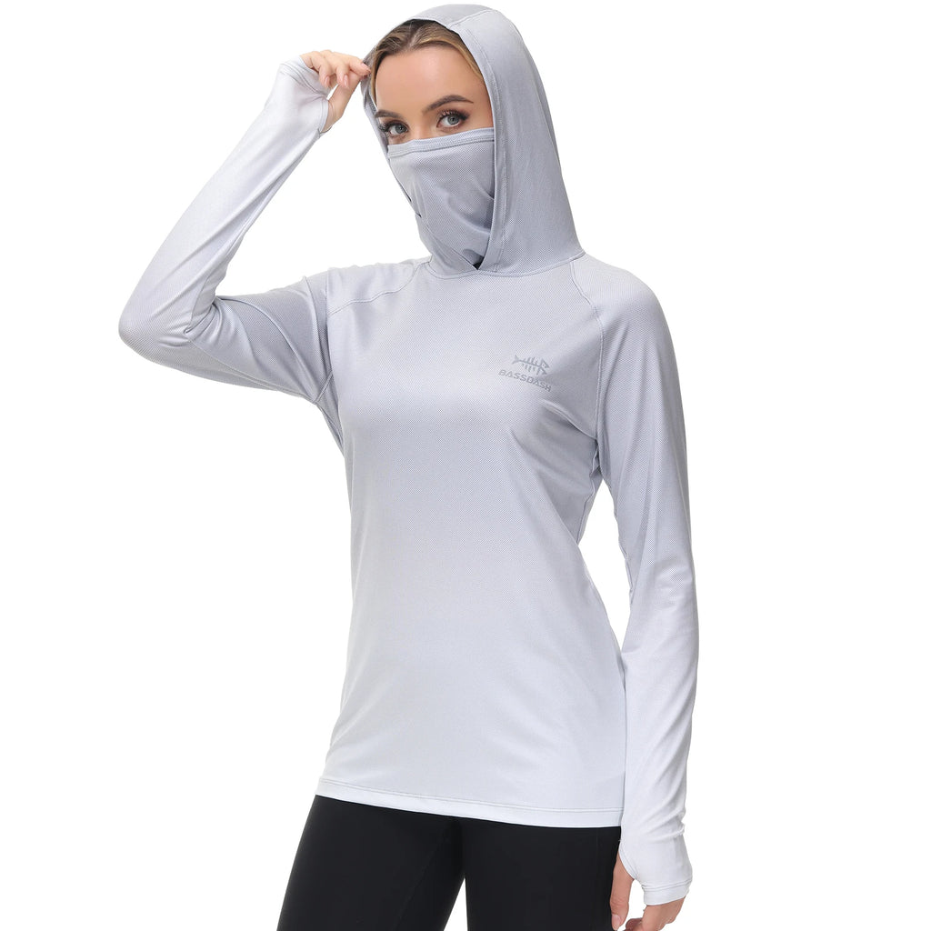 Bassdash Hoodie Anti-UV UPF 50+ Damen – Integrierte Gesichtsbedeckung & Daumenlöcher | Schnelltrocknend & Atmungsaktiv | Angeln, Wandern & Radfahren