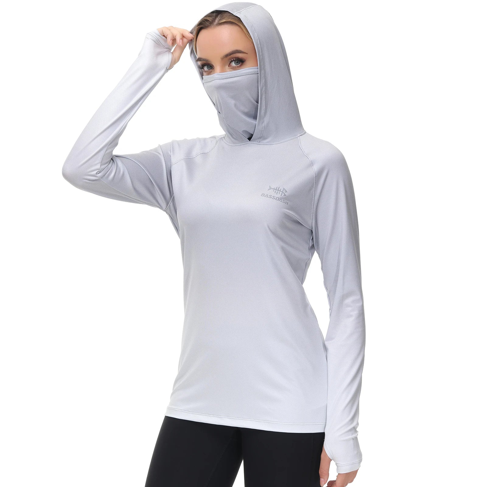Bassdash Hoodie Anti-UV UPF 50+ Damen – Integrierte Gesichtsbedeckung & Daumenlöcher | Schnelltrocknend & Atmungsaktiv | Angeln, Wandern & Radfahren