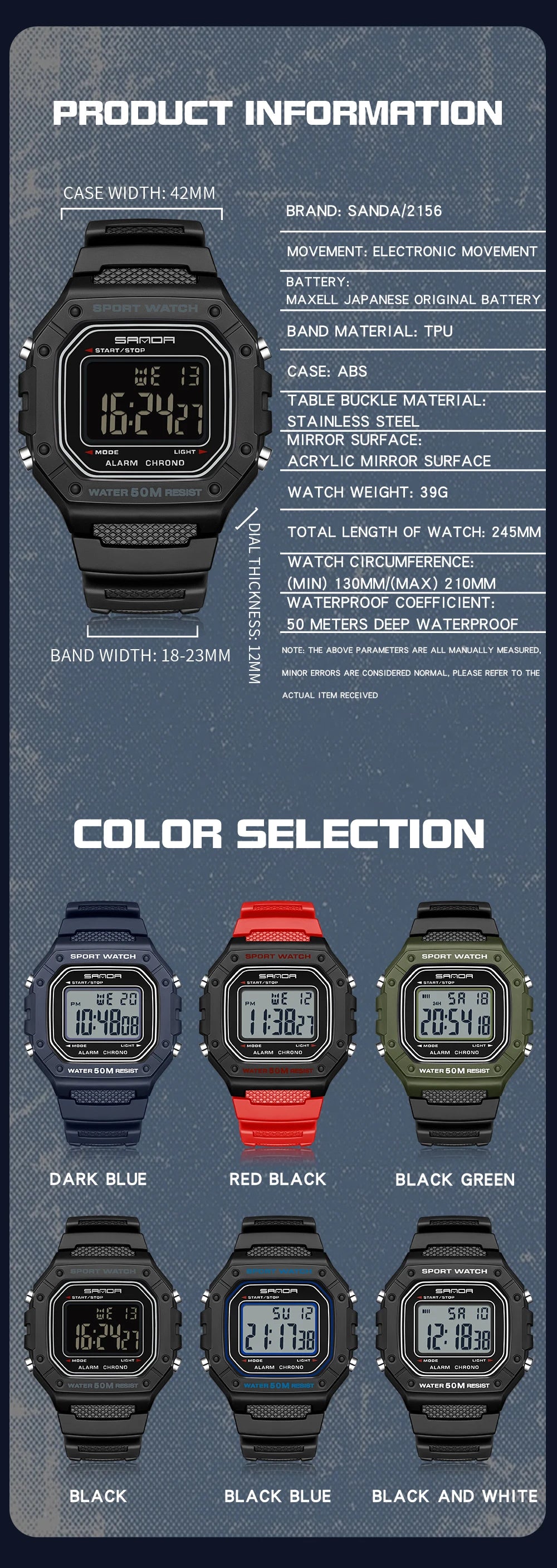SANDA 2156 Herren Militär Digitaluhr – LED Sport Army Wasserdicht Stoppuhr Großes Zifferblatt