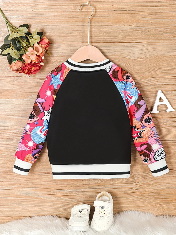 Veste Baseball Fille Imprimé Poupée Cartoon Lettre A – Blouson Casual Printemps Automne Enfant
