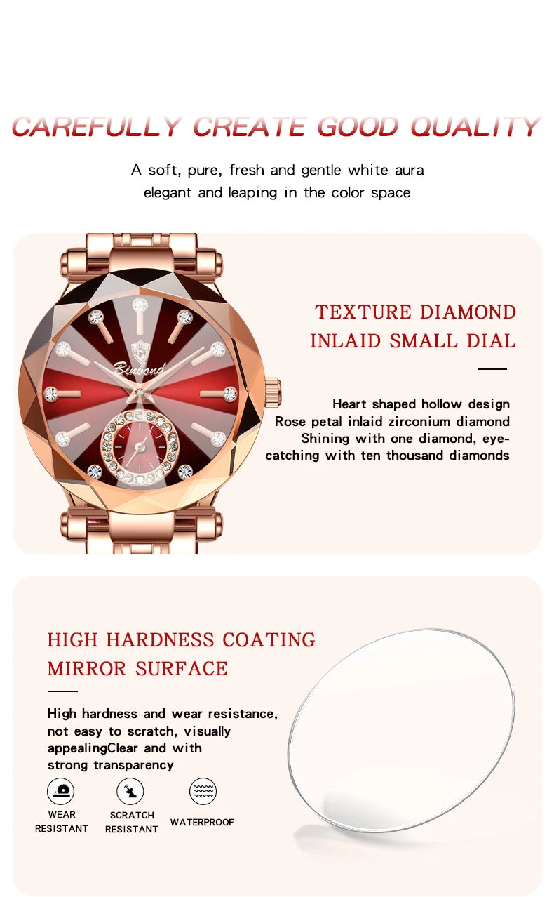 Montre Femme Luxe BINBOND Diamant Cœur de l'Océan Quartz – Lumineuse Étanche Élégante