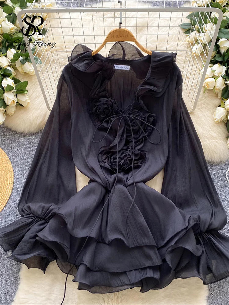 Robe Courte Femme Fleurs 3D Manches Longues Laçage Volants Mousseline – Vintage Bohème Sexy | Plage Été