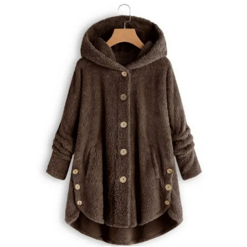 Damen Teddyfell-Mantel mit Kapuze – Warme Fleece-Jacke Unifarben | Herbst Winter Trend