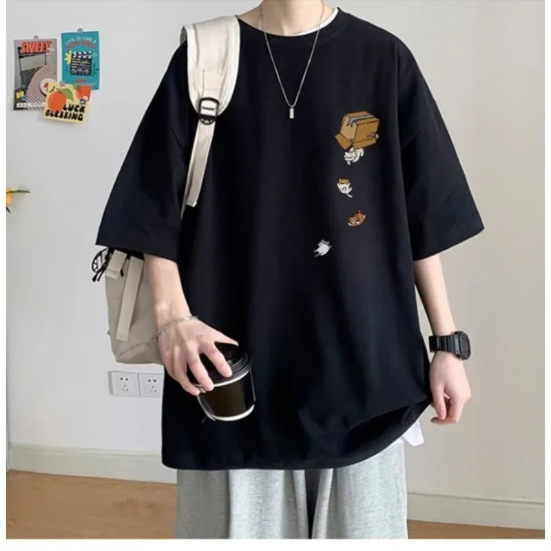 T-Shirt Oversize Unisexe Korean Fashion Imprimé Chaton Cartoon Vintage Américain Manches Courtes Loose Tendance Couple Streetwear Grande Taille M-8XL – Tee Shirt Kawaii Premium | Mode Couple Streetwear Premium