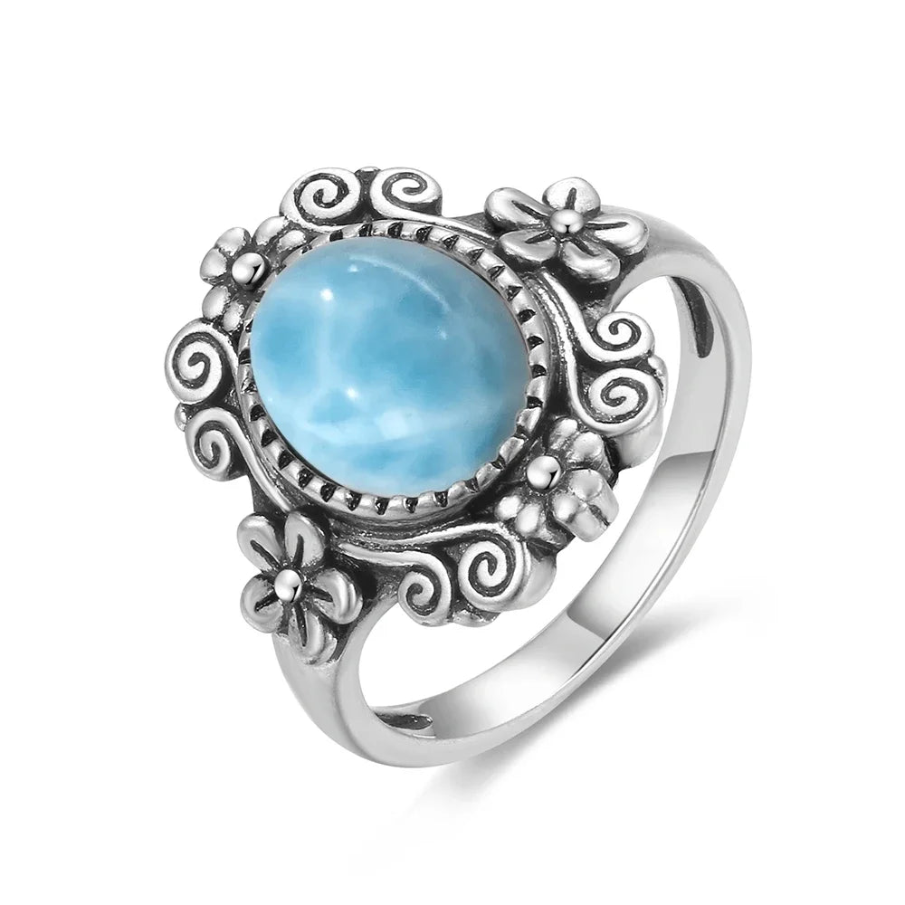 Bague Argent 925 Pierre Larimar Naturelle Vintage – Forme Fleur Ronde Bleu Ciel & Eau de Mer | Bijou Fin Unisexe Pierre Rare des Caraïbes & Cadeau Premium