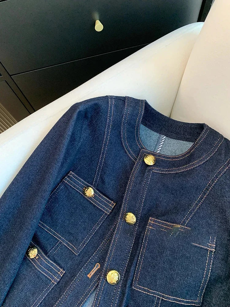 Veste Courte Femme Denim Bleu Col Rond Poches Style Coréen Ample – Mode Chic & Classique | Automne