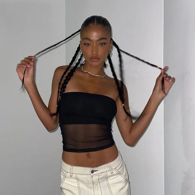 Crop Top Corset Femme Noir Mesh Patchwork Sans Bretelles Épaules Dénudées Slim Sexy – Streetwear Été | Cami