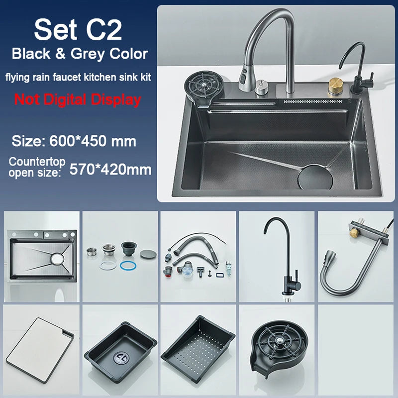 Évier Cuisine Inox 75x45cm Affichage Digital Température – Grand Bac, Robinet Cascade Eau Chaude & Froide | Design Moderne