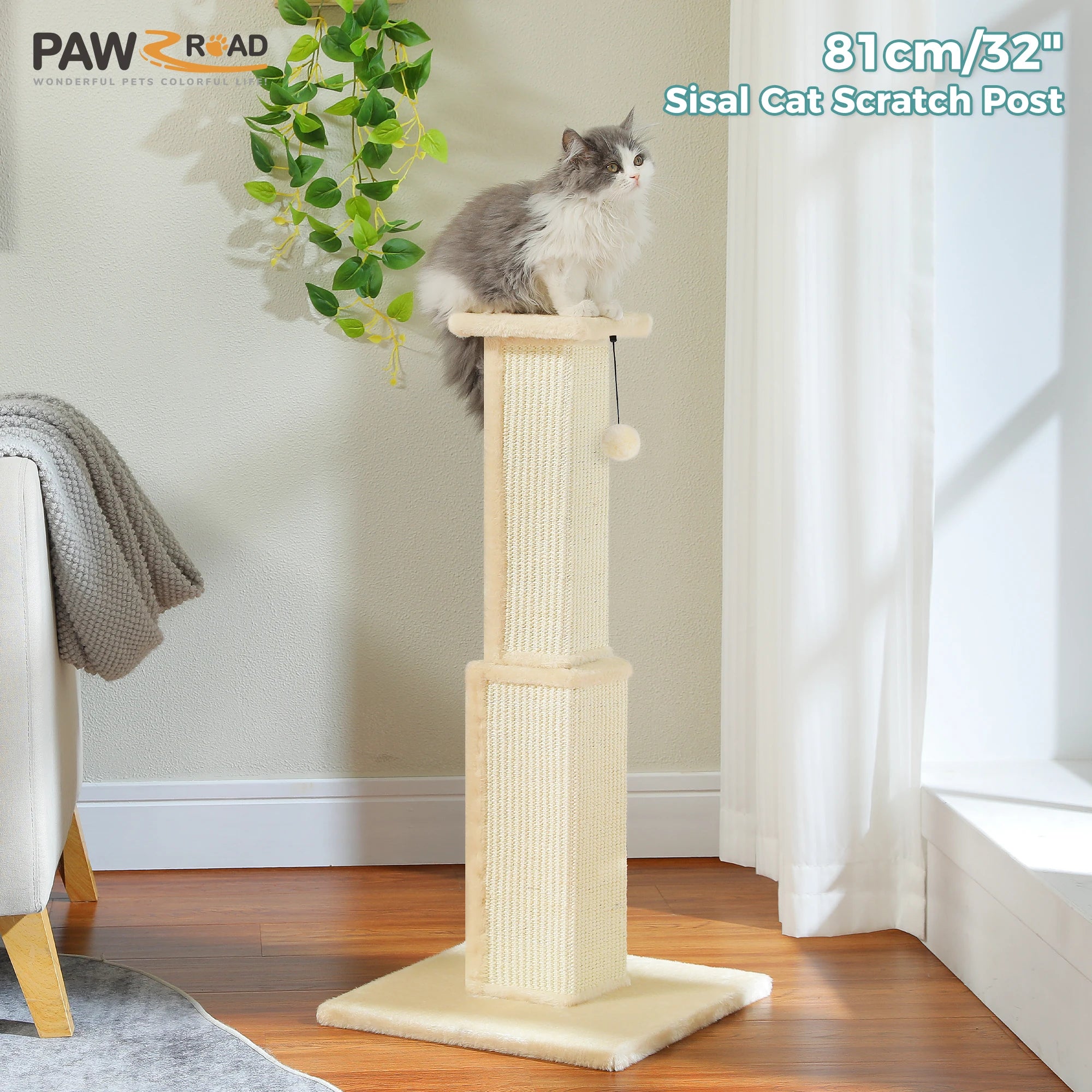 Grand Griffoir Chat Sisal Tressé – Balle Suspendue, Haute Colonne, Jouet & Grattoir pour Chats d'Intérieur Adultes