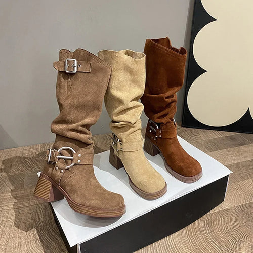 Bottes Cowboy Femme Marron Vintage Boucle Métal 2024 – Talon Carré Longues Knight Fashion