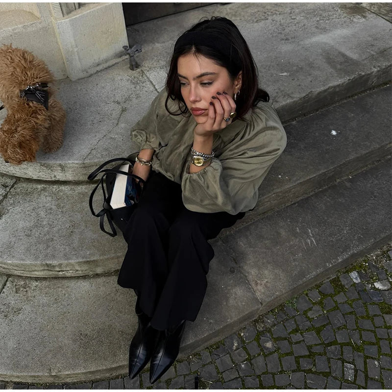 Veste Femme Suède Vert Élégante Manches Bouffantes Revers Fermeture Éclair Ample Plissée – Blouson Court Streetwear Printemps Automne | Mode 2025