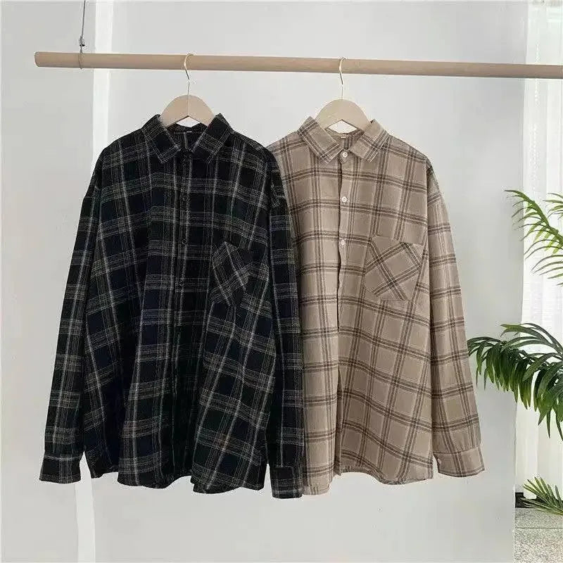 Chemise Femme À Carreaux Vintage Oversize Manches Longues Boutons Style Coréen – Casual Chic Automne | Streetwear