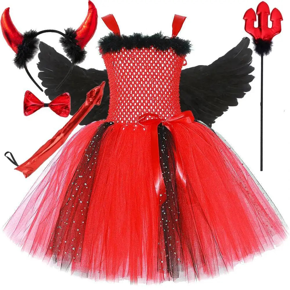 Déguisement Diablesse Rouge Fille – Robe Tutu Demon avec Ailes Cornes Trident Halloween Carnaval