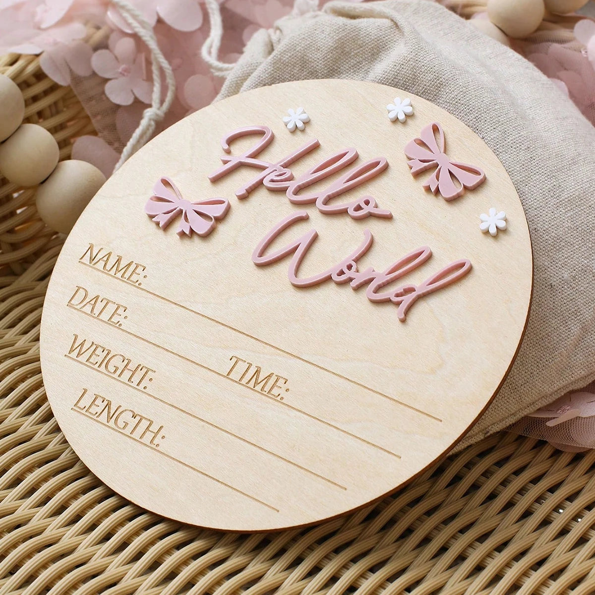 Pancarte Naissance Bébé « Hello World » – Déco Maternité Rose Poudré Papillon Étoile Photo Nouveau-Né