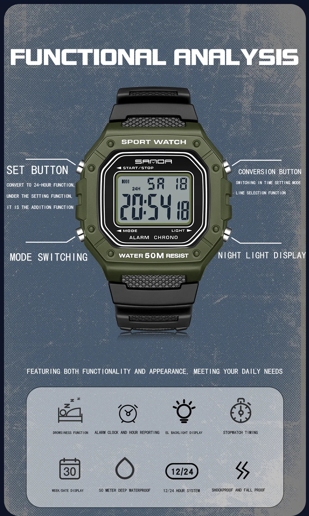 SANDA 2156 Herren Militär Digitaluhr – LED Sport Army Wasserdicht Stoppuhr Großes Zifferblatt