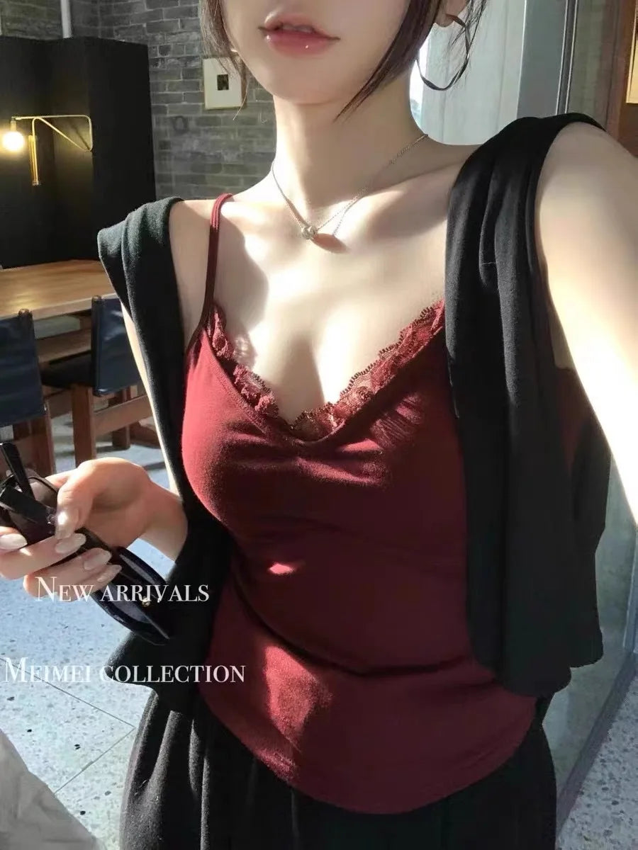 Camisole Dentelle Crop Top Femme Sans Manches – Style Coréen Coquette | Blanc Noir Y2K Été