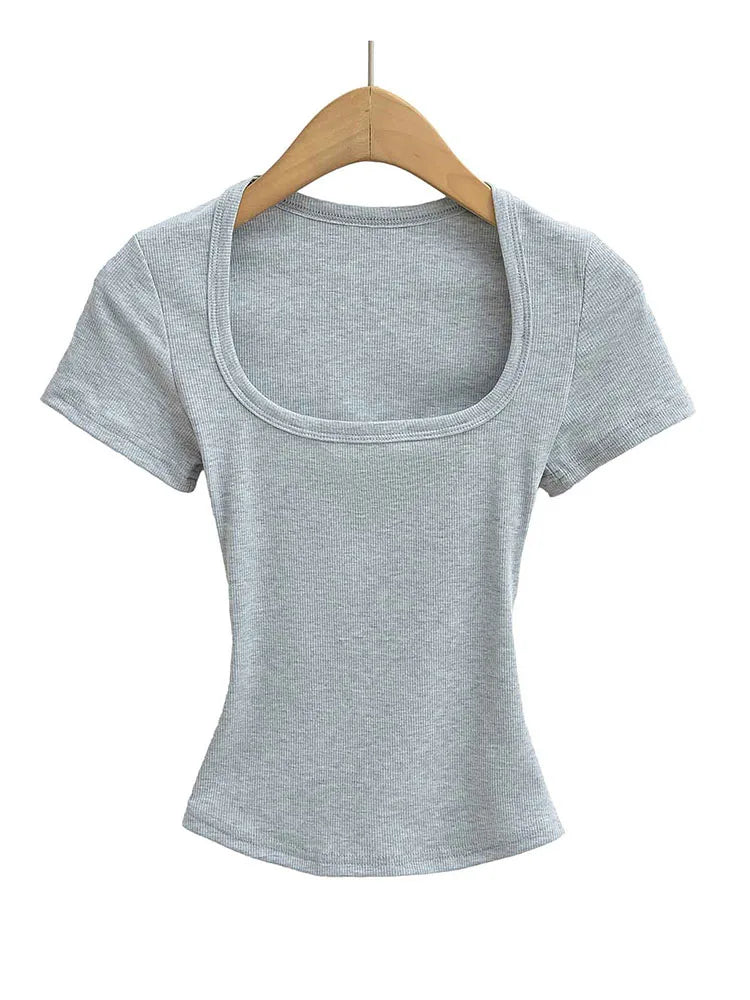 Crop Top Femme Col Carré Slim Stretch Manches Courtes Sexy – T-Shirt Court Élastique Casual Été | Mode