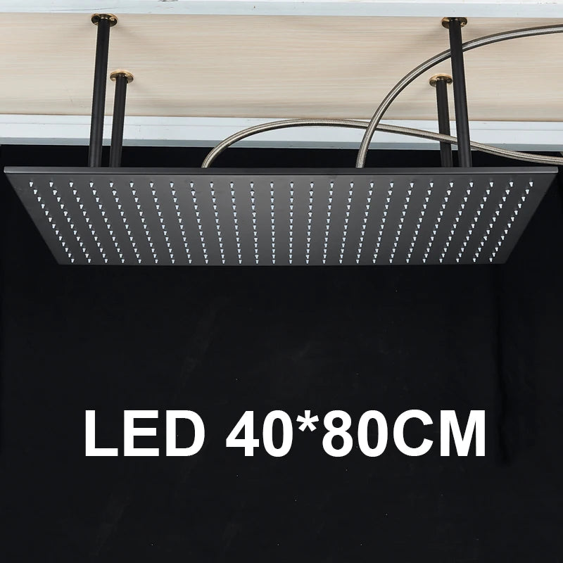 Shinesia Système Douche Pluie LED Plafond 40x80cm – Cascade & Pluie, Noir ou Or Brossé | Douche Luxe Salle de Bain