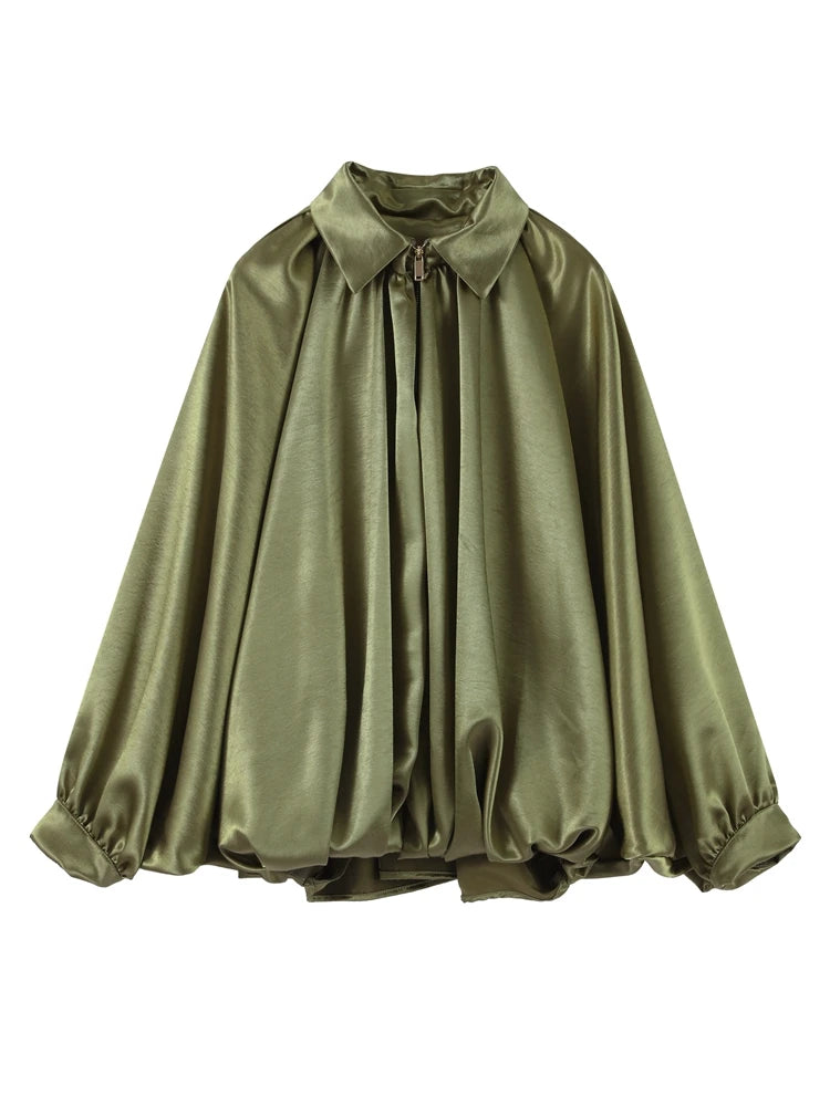 Veste Femme Suède Vert Élégante Manches Bouffantes Revers Fermeture Éclair Ample Plissée – Blouson Court Streetwear Printemps Automne | Mode 2025