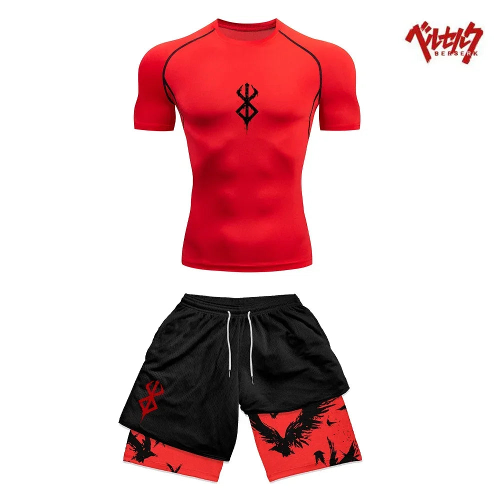 Ensemble Compression Homme Anime Berserk – T-Shirt + Short Gym Séchage Rapide | Running, Fitness & Workout Été | Sportswear Manga