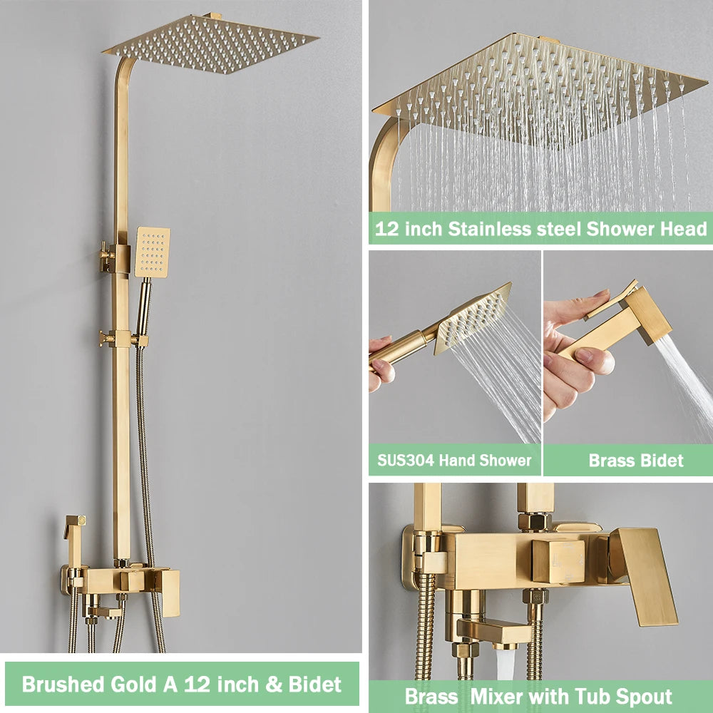 Rozin Ensemble Douche Pluie Mural Noir – Avec Bidet, Étagère & Bec Baignoire | Système Complet Laiton