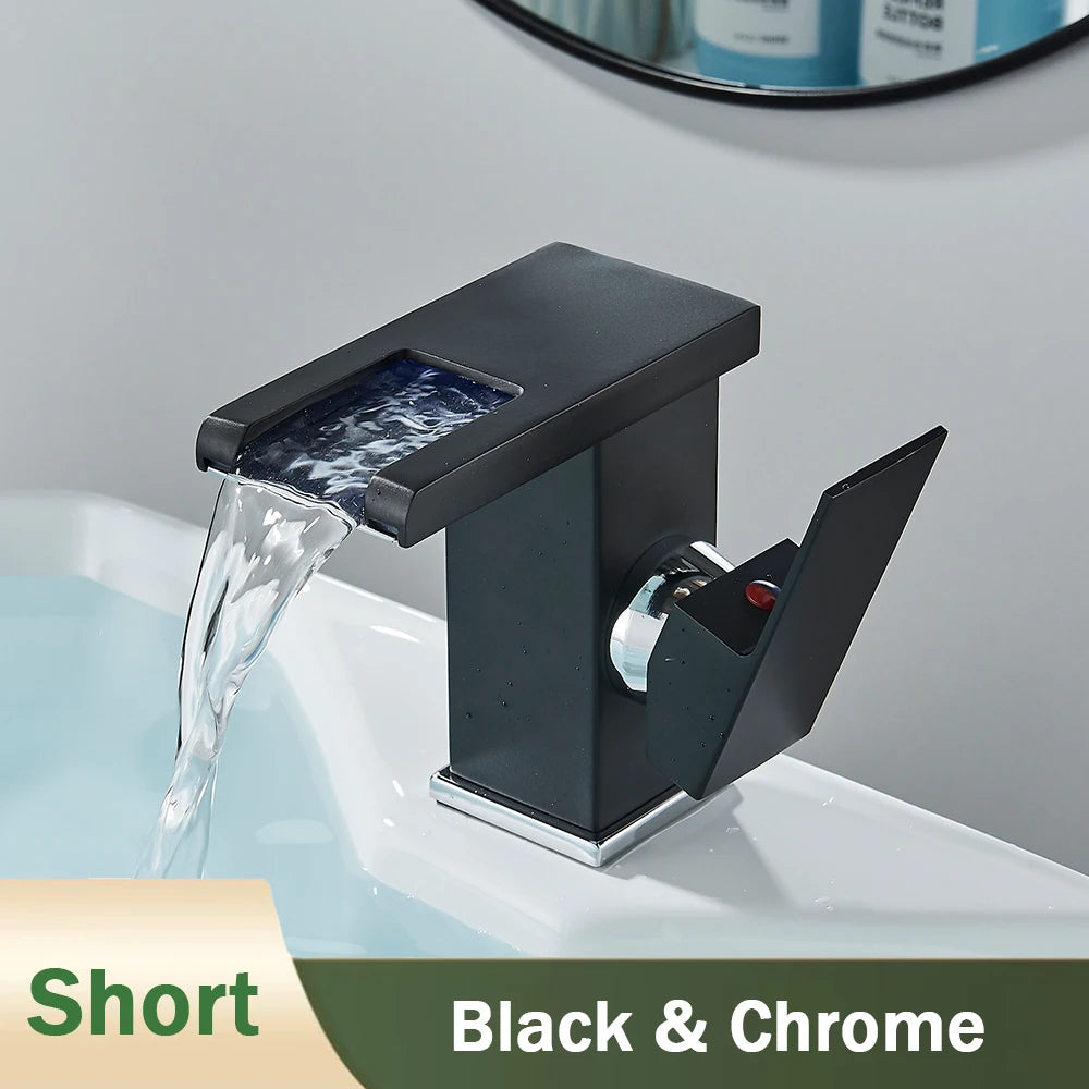 Rozin Robinet Lavabo Noir LED Cascade Hydroélectrique – Mitigeur Eau Chaude & Froide, Lumière LED Automatique | Vasque Design