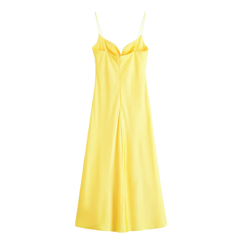 Robe Longue Femme Satin Rouge Col V Bretelles Sans Manches – Fermeture Dos Zip Élégante | HH Été 2025