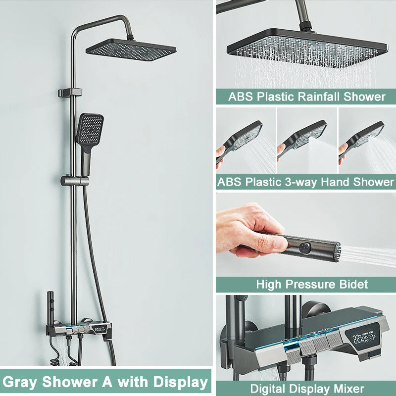 Rozin Ensemble Douche Pluie Gris – Affichage Digital, Style Piano, Mitigeur | Avec Bidet & Douchette