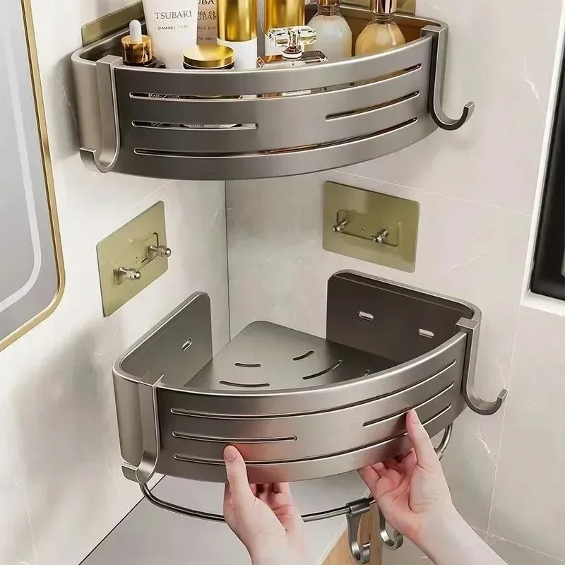 Étagère d’Angle Salle de Bain Aluminium – Sans Perçage Autocollant | Rangement Shampooing & Maquillage