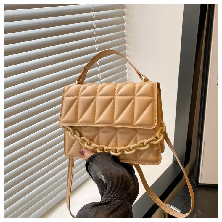 Sac Bandoulière Femme Chaîne Métal Logo – Pochette Crossbody Couleur Unie Fermeture Magnétique