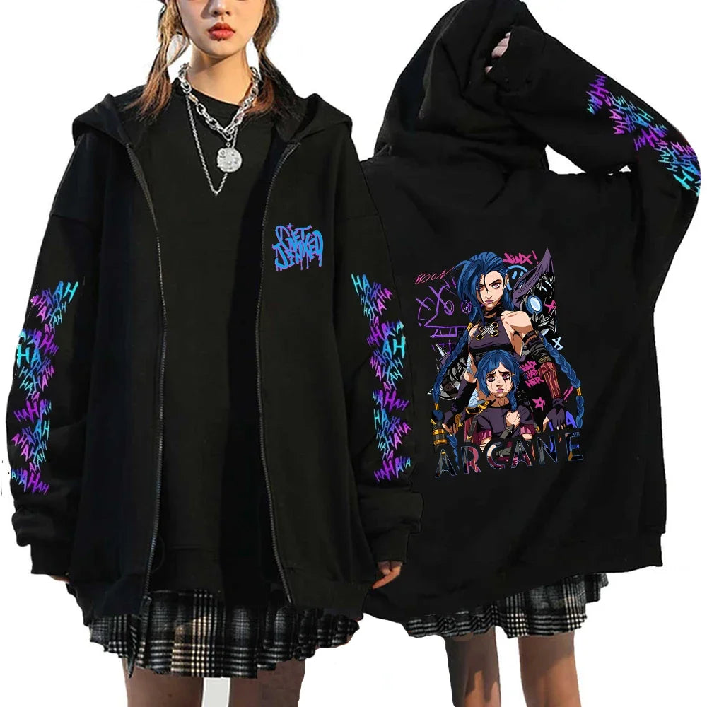 Hoodie Zip Arcane Jinx Harajuku Anime Graffiti – Streetwear Gothic Unisexe Gamer