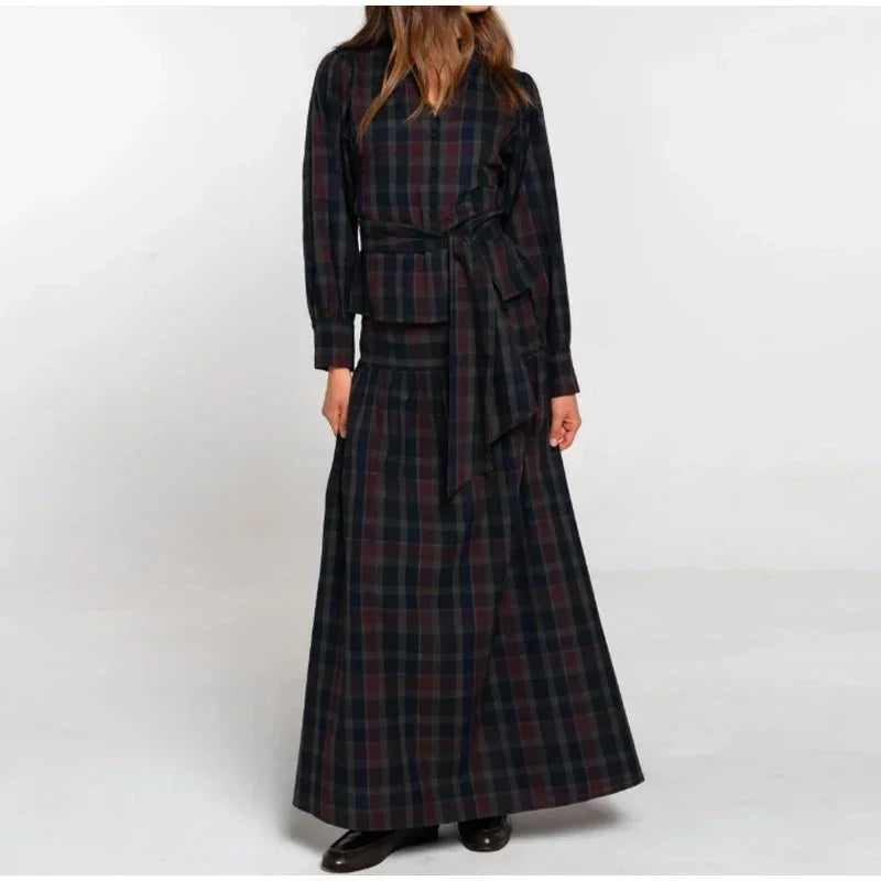 Ensemble 2 Pièces Femme Veste À Carreaux Manches Lanterne Lacets Plissée & Jupe Longue – Tenue Bureau Casual Chic Élégante | Mode