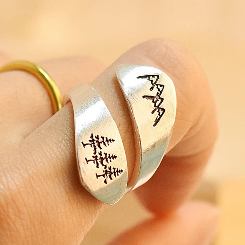 Bague Femme Forêt Montagne Ouverte – Anneau Brossé Nature Mariage Fête Bijou Créatif