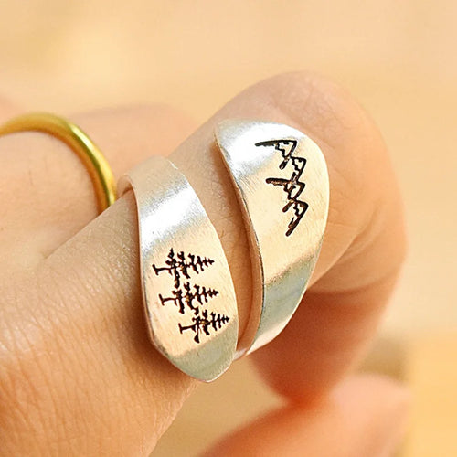 Bague Femme Forêt Montagne Ouverte – Anneau Brossé Nature Mariage Fête Bijou Créatif