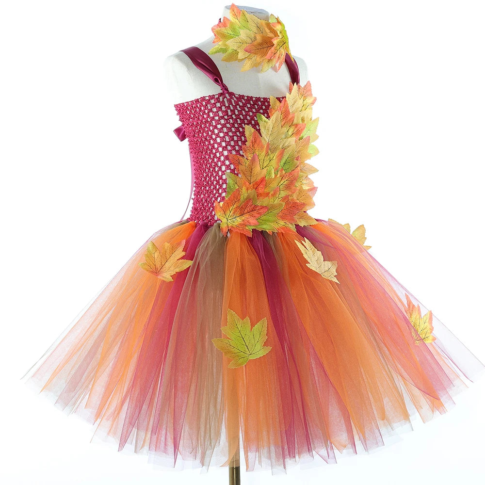 Déguisement Fée des Forêts Fille – Robe Elfe Princesse Feuilles d'Automne avec Ailes Halloween Noël